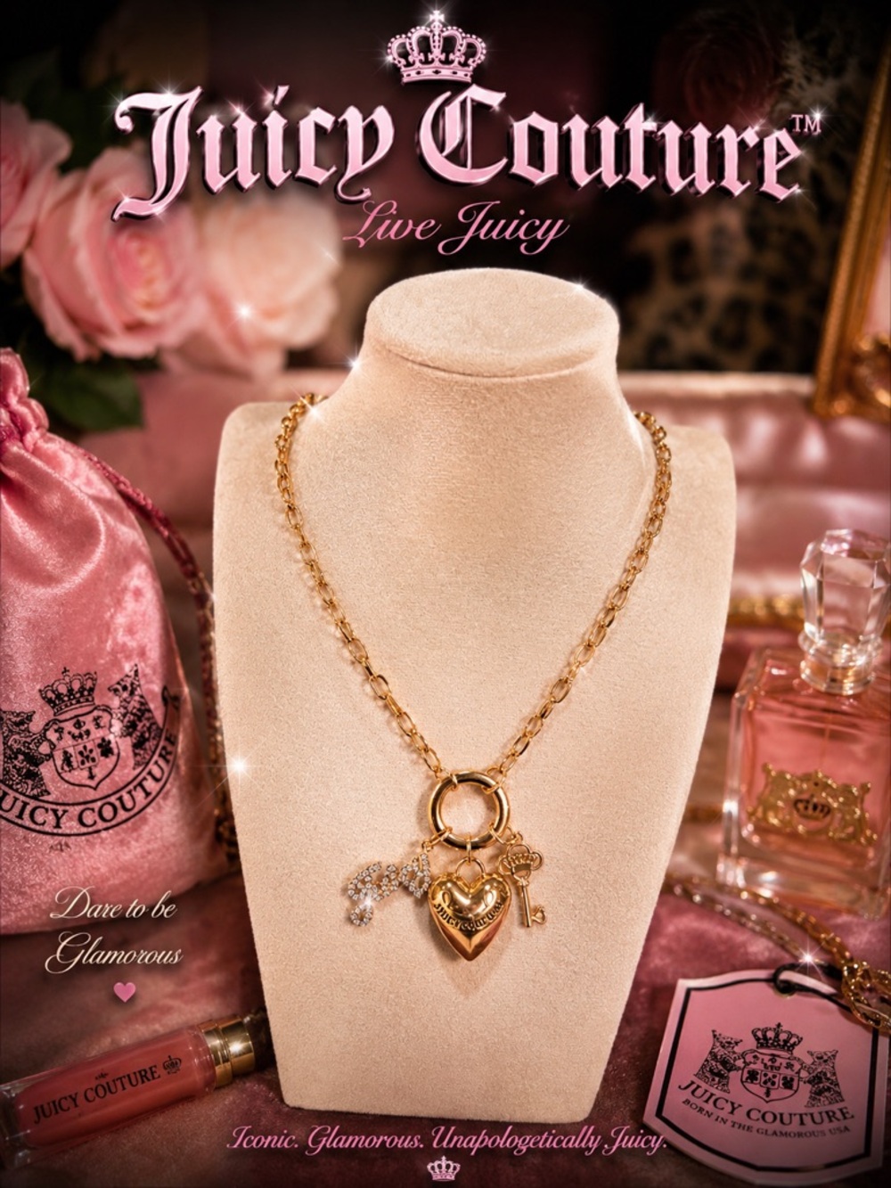 Juicy Couture Gold Heart, Key & Crystal Charm Necklace